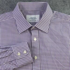 Charles Tyrwhitt Dress Shirt 16.5 34 Purple Check Point Collar Cotton SS